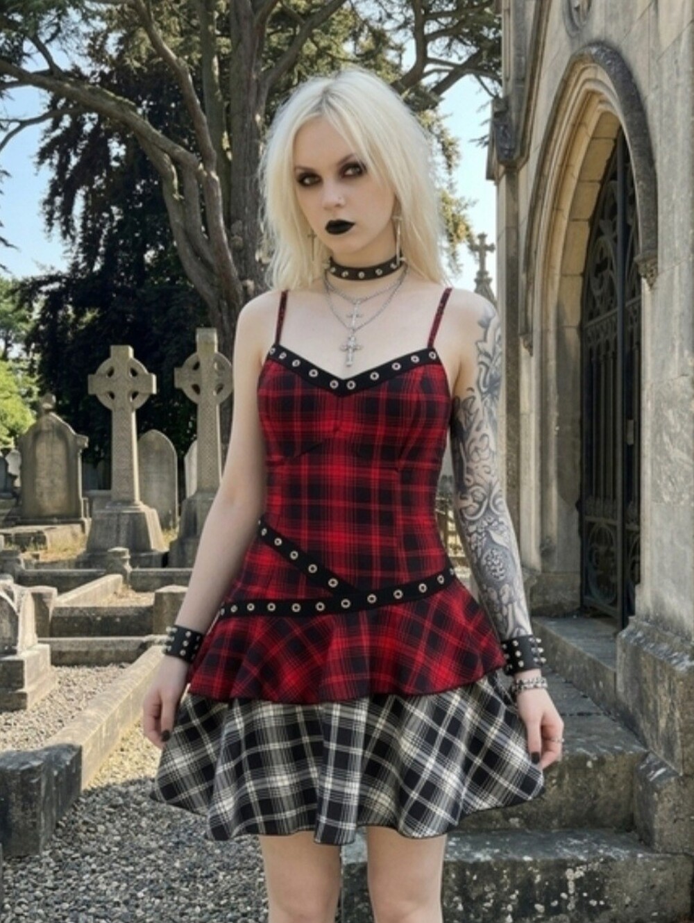 Dolls Kill Dark In Love Plaid Mini Dress. Size L - Picture 2 of 13